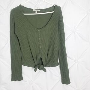 Express One Eleven thermo.knit Tie front Olive Green Button-Up Knit Top